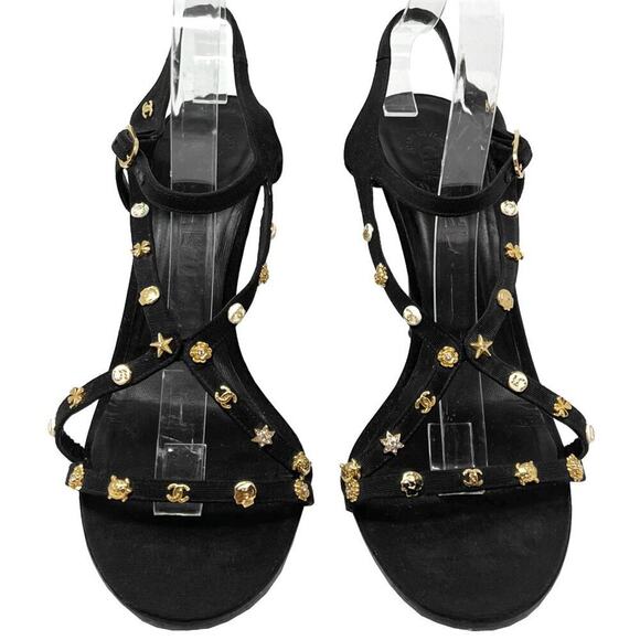 Chanel Black Embellished Strappy Heels 41 Gold Icon Studs Karl Lagerfeld Era - Picture 1 of 10